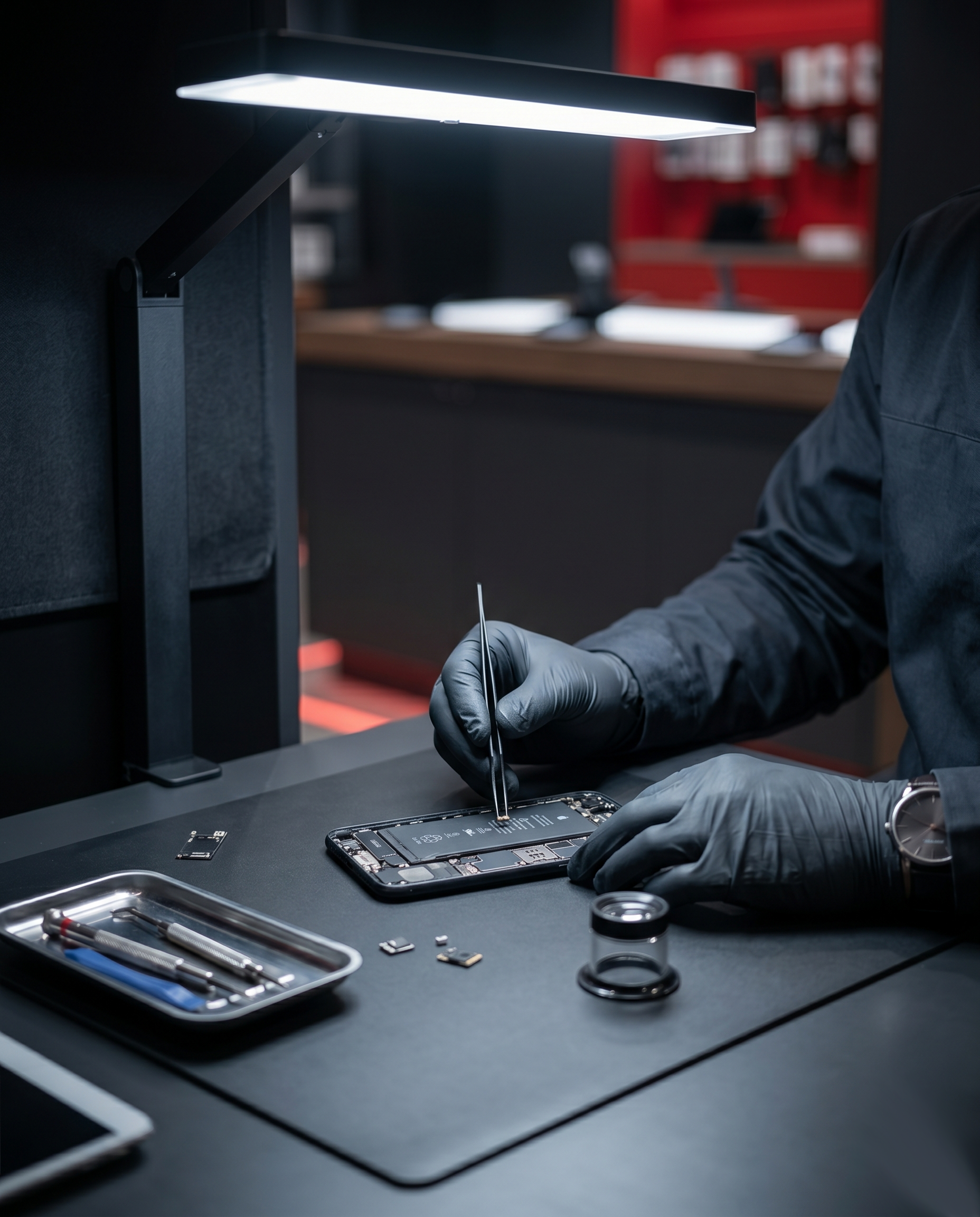 Technicien MBK Tech Papineau en train de réparer un téléphone — Assistance technique professionnelle à Montréal